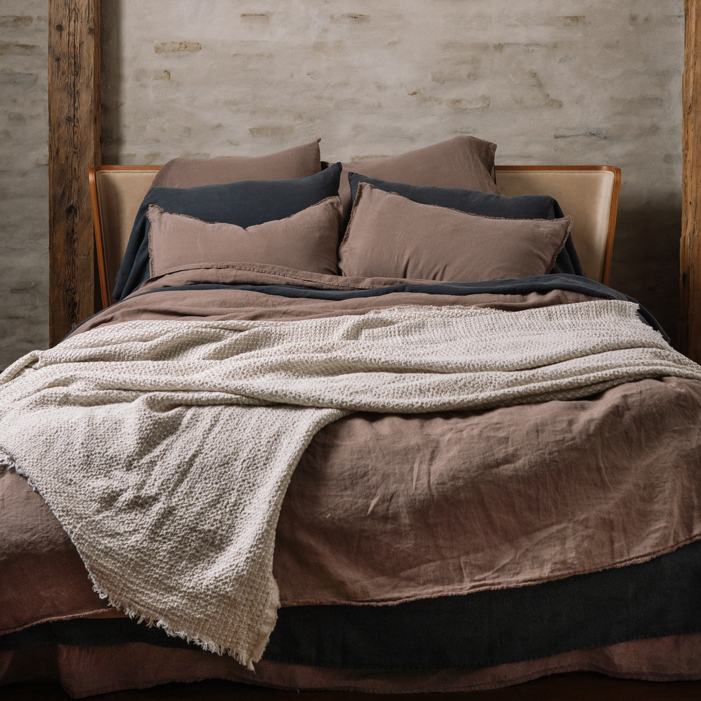 Cappuccino color Lewisii linen duvet cover in complete mix and match set with dark grey accents