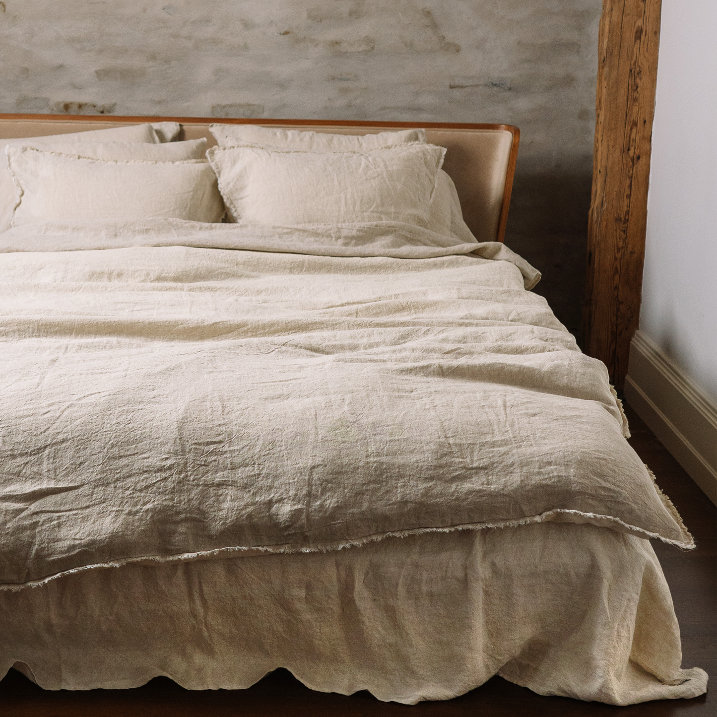 Sandy color Lewisii linen duvet cover in complete monochrome set.