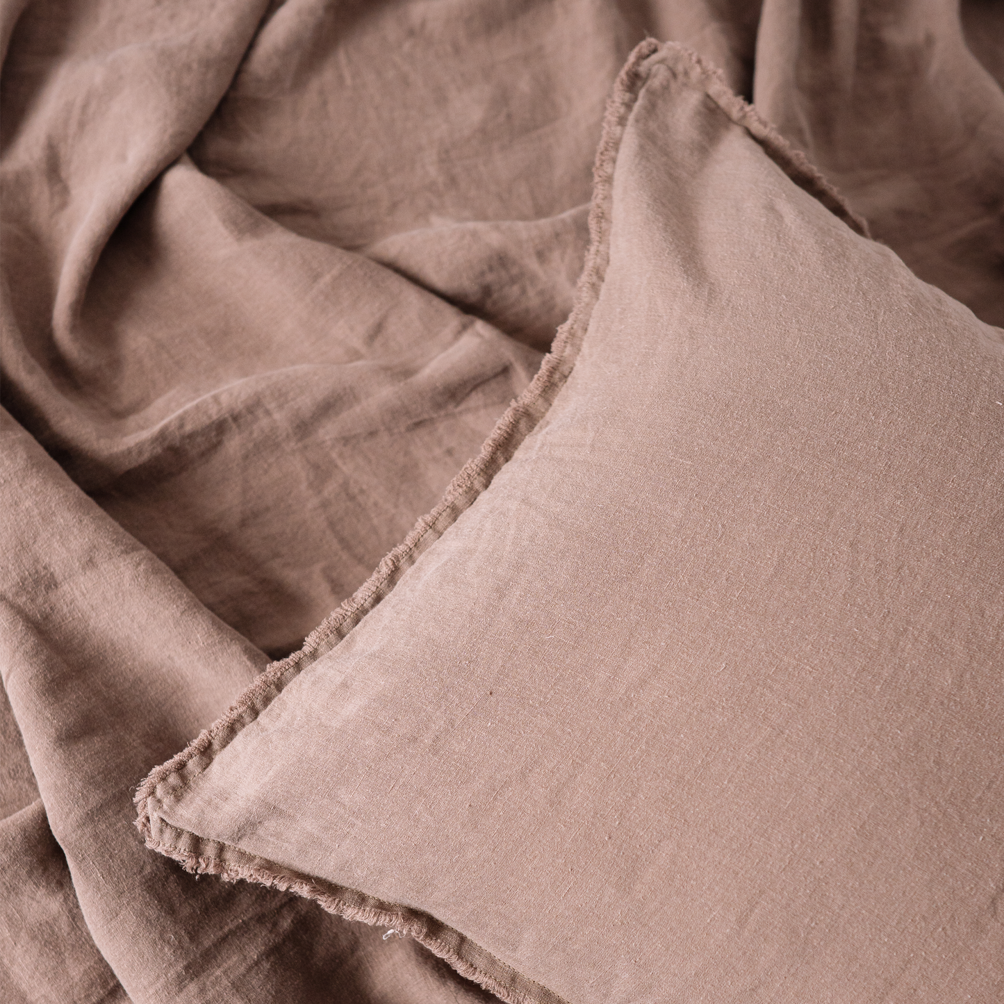 A closeup of LEWSII pillowcase in Cappuccino color