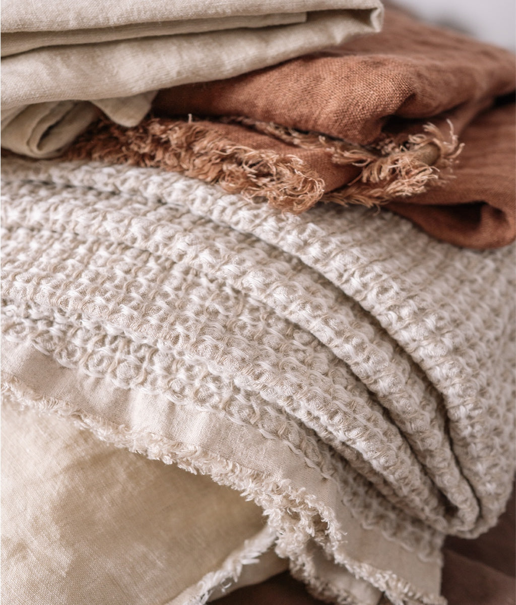 Lewisii folded linen waffle blanket in sandy color 