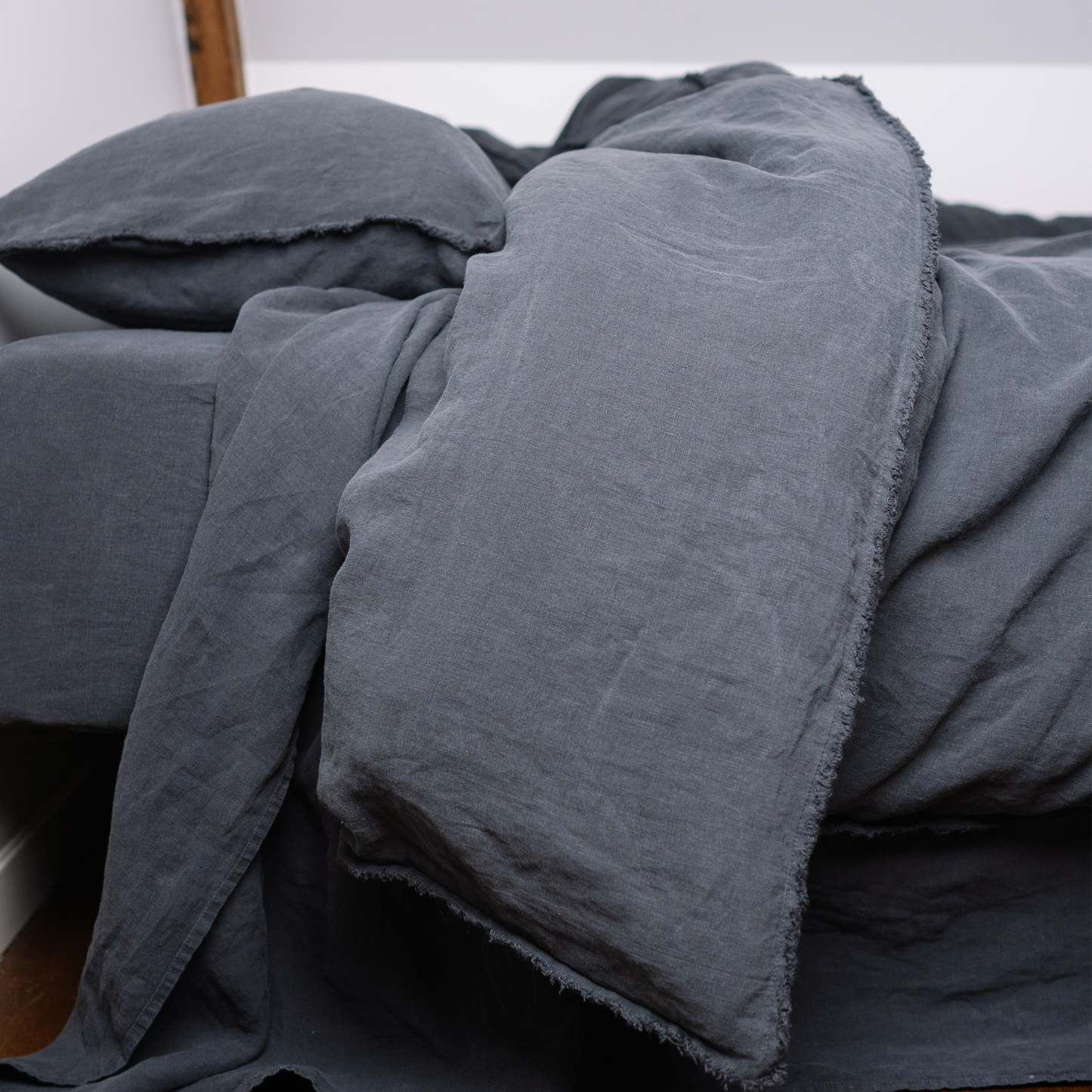 Dark Grey color Lewisii linen duvet cover close up in monochrome set