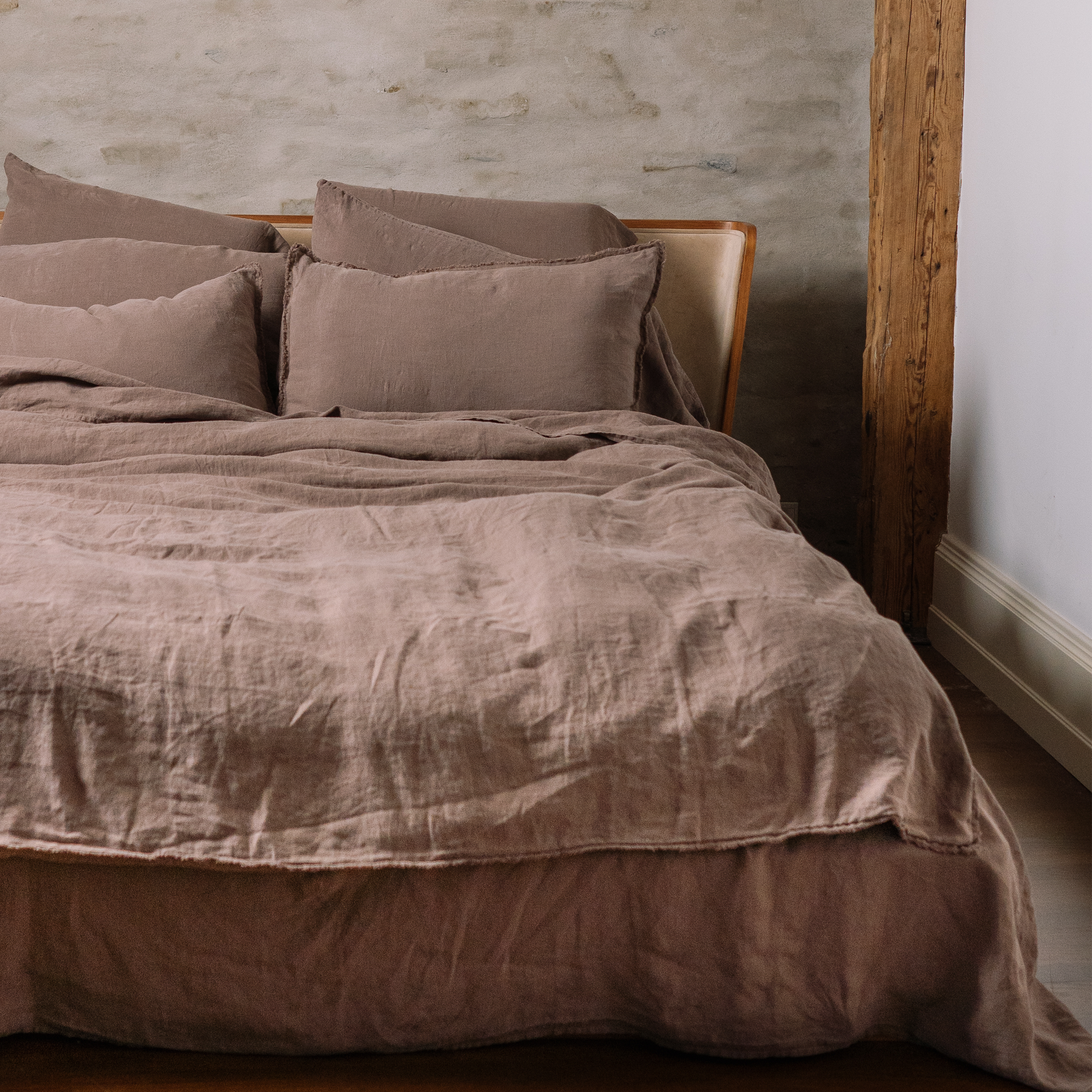 Cappuccino color Lewisii linen duvet cover in complete monochrome set.