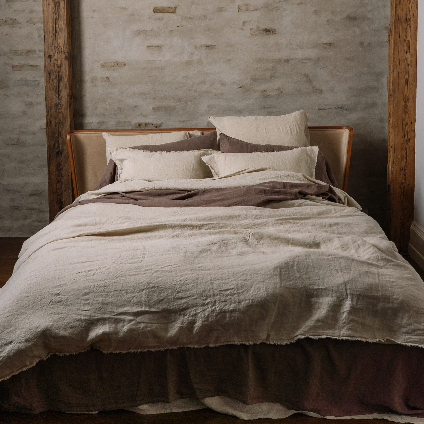 Sandy color Lewisii linen duvet cover in complete mix and match set with cappuccino color accents
