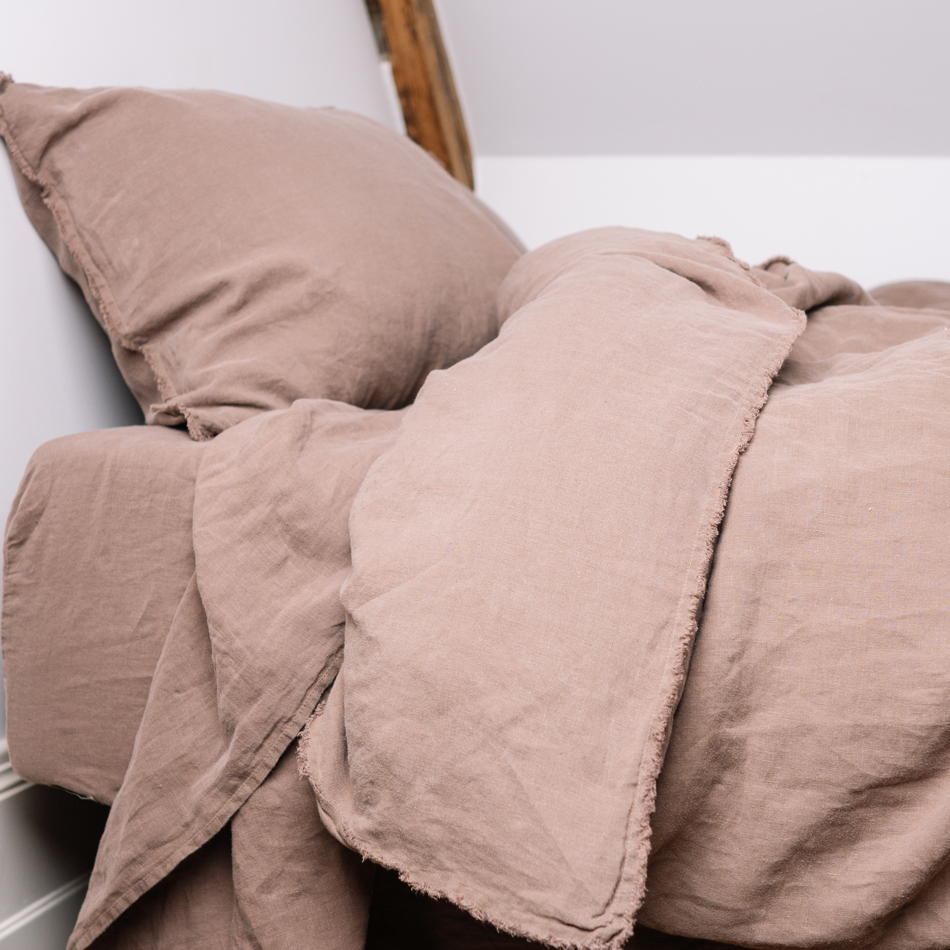 Cappuccino color Lewisii linen duvet cover close up in monochrome set 