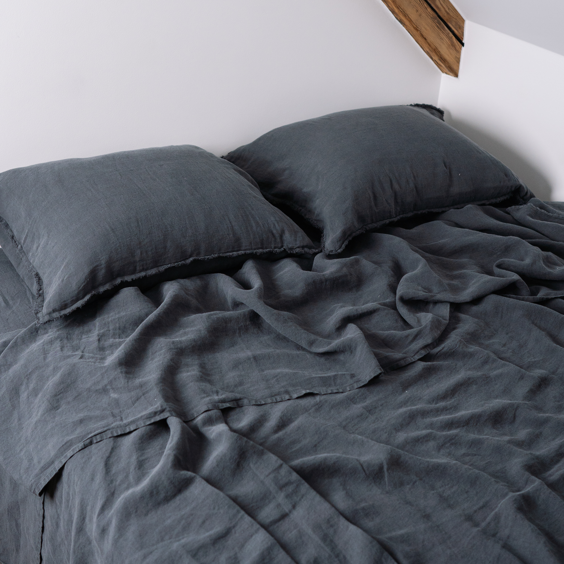 Dark Grey flat sheet with fringe edges pillowcases