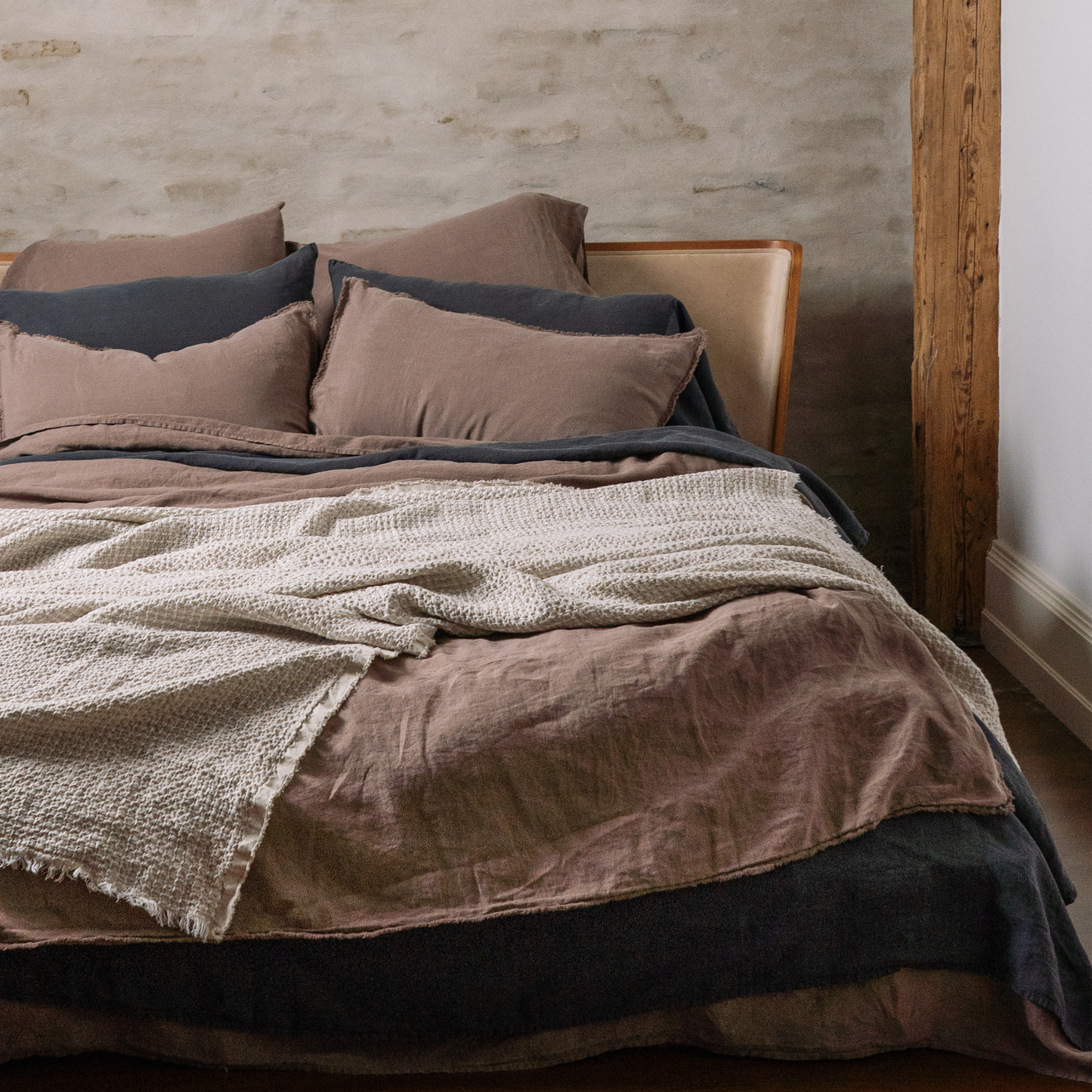 Dark Grey color flat sheet in mix and match combination with cappuccino color bedding
